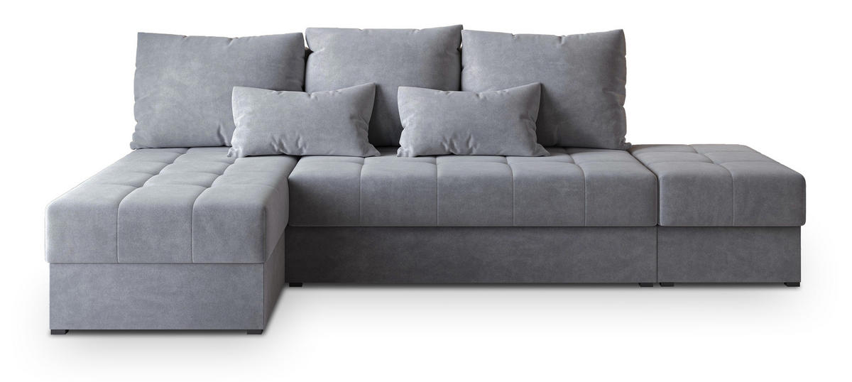 ECKSOFA NORVI Grau Plüsch-Stoff mit Schlaffunktion - Grau, Holz (251/143cm) - MASSENO