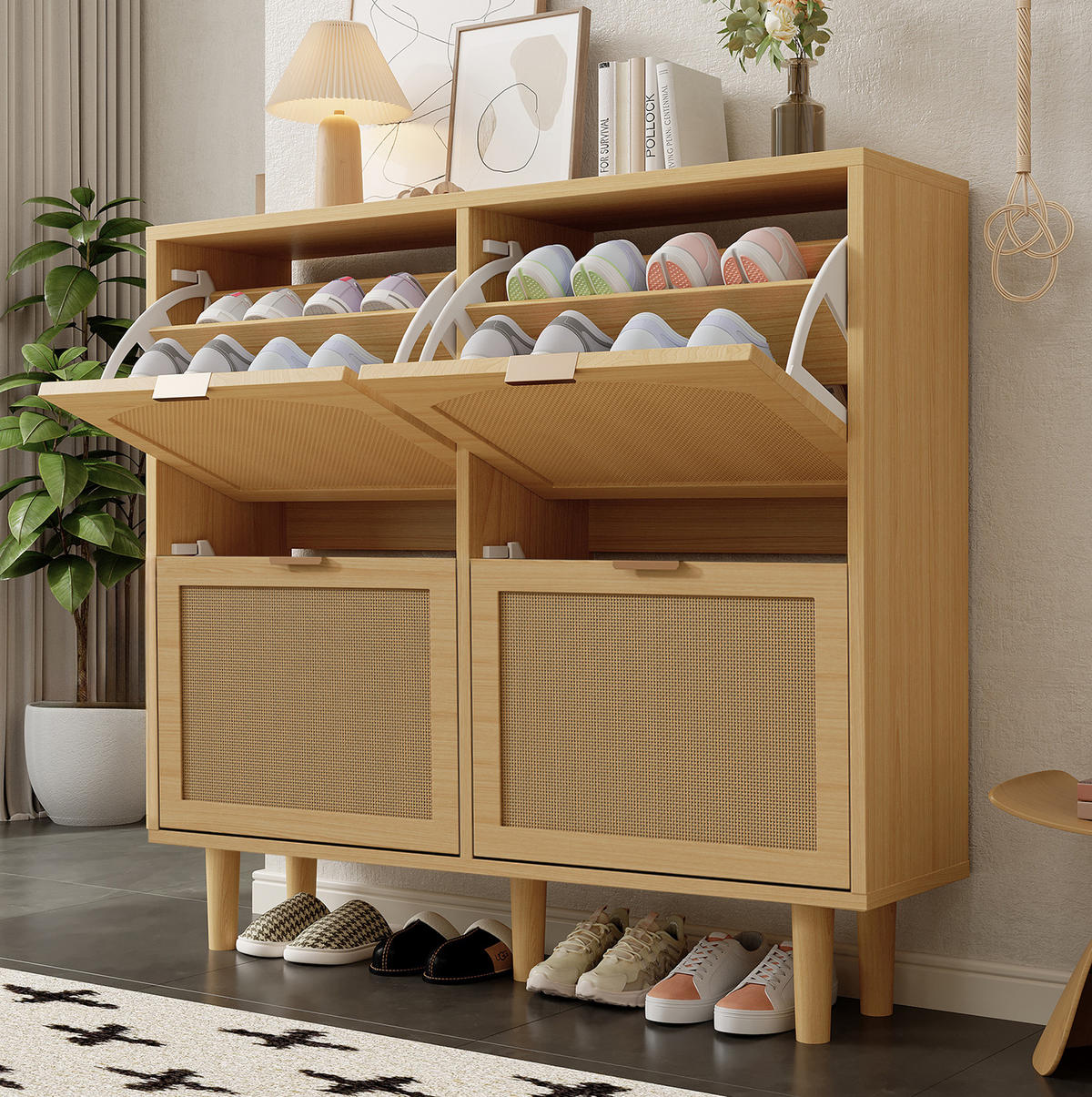 SCHUHSCHRANK 100/25/90 cm Eichefarben aus Spanplatte mit Rattangeflecht - Naturfarben, Holzwerkstoff (100/90/25cm) - OKWISH
