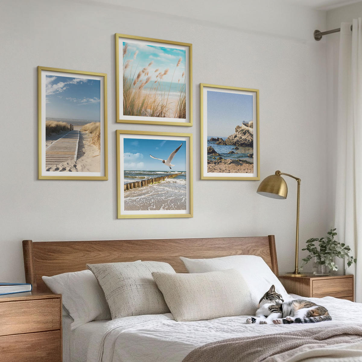 WANDBILDER 4er Set - 50x50 cm & 40x60 cm Goldrahmen - Strand Holzsteg Klippen - Goldfarben, Kunststoff (50/50cm) - ArtPrintCave