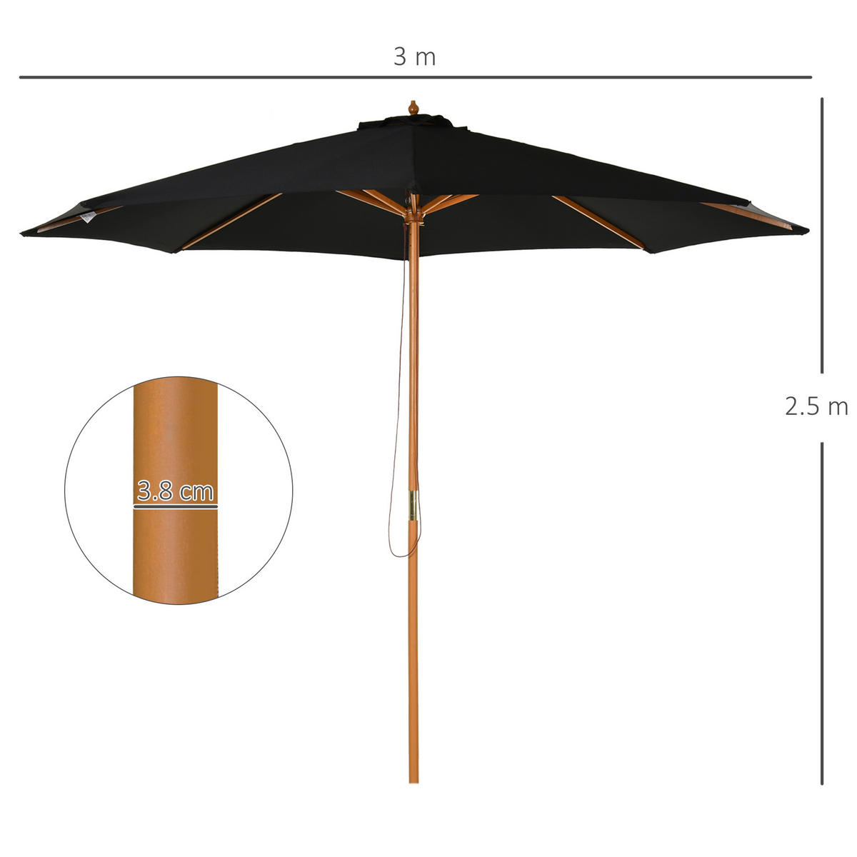 SONNENSCHIRM Holz 300 cm schwarz - Schwarz, Naturmaterialien (300/300cm) - Fortuna Lai