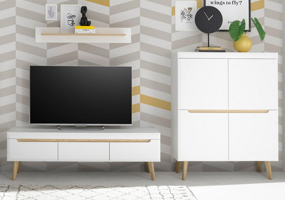 WOHNWAND 3-teilig weiß matt, Eiche, skandinavisch 287 cm, Schrankwand mit Soft-Close - Eichefarben/Weiß, Eichenholz/Holz (287/170/40cm) - Furn.Design