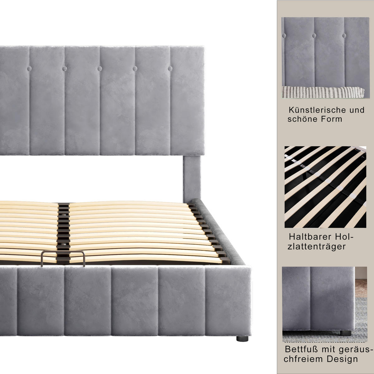 POLSTERBETT 140x200 Hydraulisch Stauraum Kopfteil Samtstoff Grau - Grau, Holzwerkstoff - FLIEKS