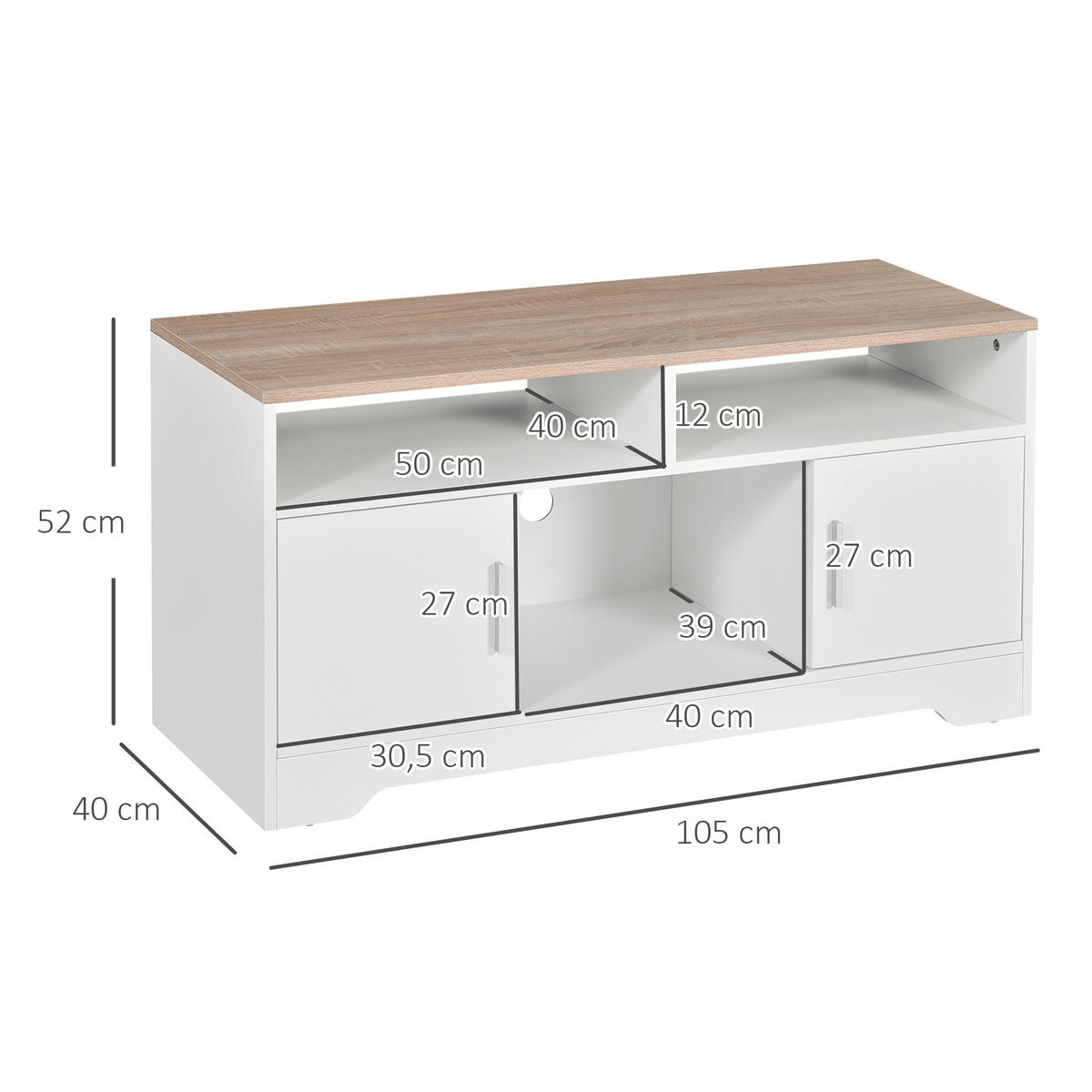 TV-LOWBOARD Weiß/Natur 105/40/52 cm, 2 Türen, Kabeldurchführung - Weiß, Holz (105/52/40cm) - PANGIVO