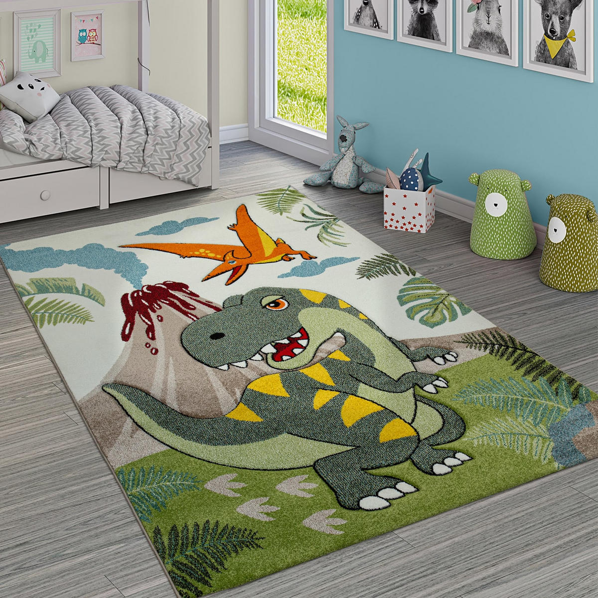 KINDERTEPPICH Dinosaurier Kinderzimmer schmutzabweisend Grün Rechteckig 160x230 - Grün, Textil (160/230cm) - KADIMA DESIGN
