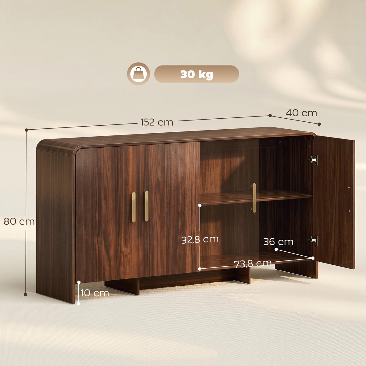SIDEBOARD aus MDF 152/40/80 cm Walnussbraun - Walnussfarben/Alufarben, Holzwerkstoff/Metall (40/80/152cm) - HOMCOM