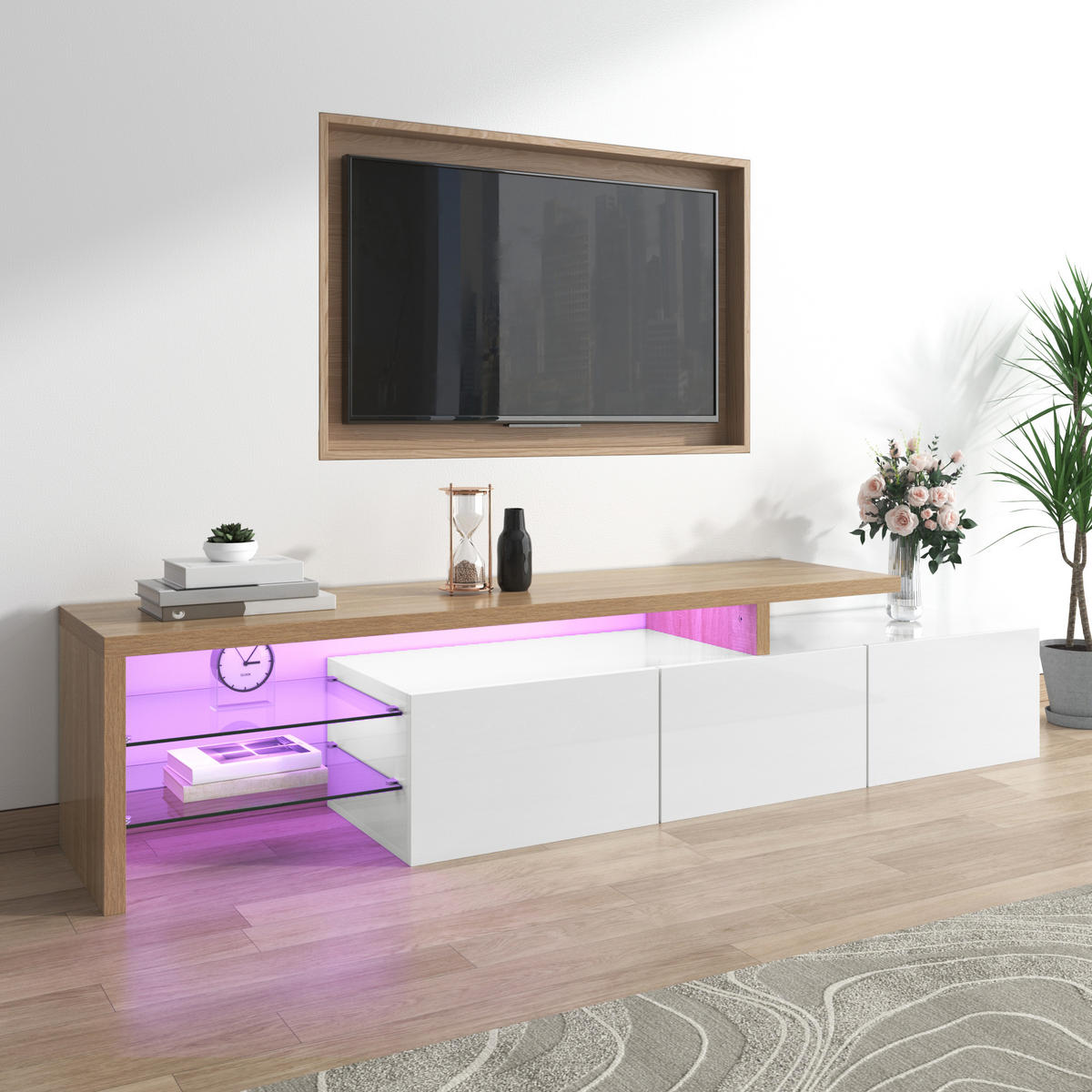 TV-SCHRANK Lowboard Hochglanz Glas LED weiß - Naturfarben, Holz (197.5/42/39cm) - Fortuna Lai