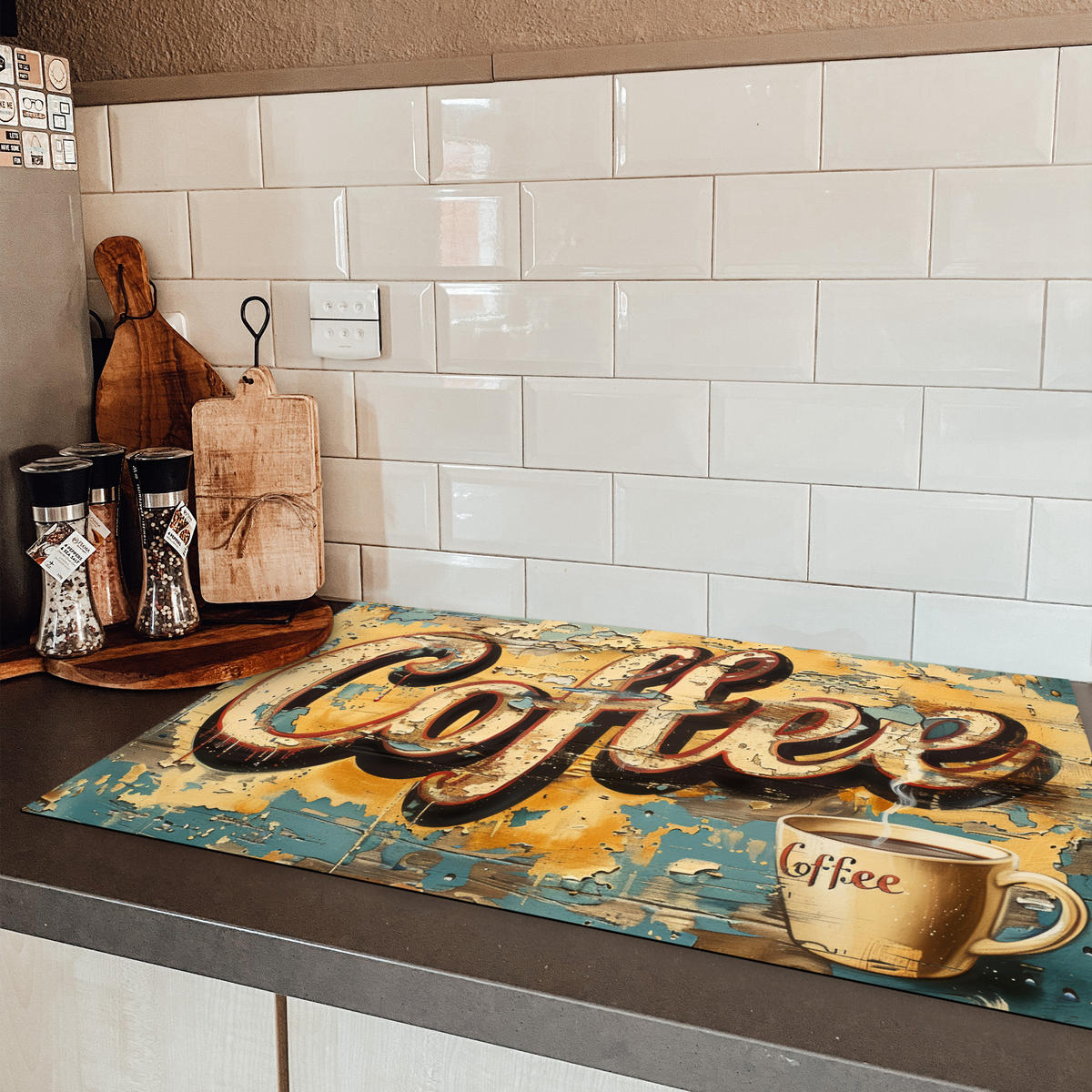 HERDABDECKPLATTE Kaffee - Vintage - Braun - Tasse Ceranfeldabdeckung 85x52 cm - Teakfarben, Kunststoff (85/52/0.2cm) - MuchoWow