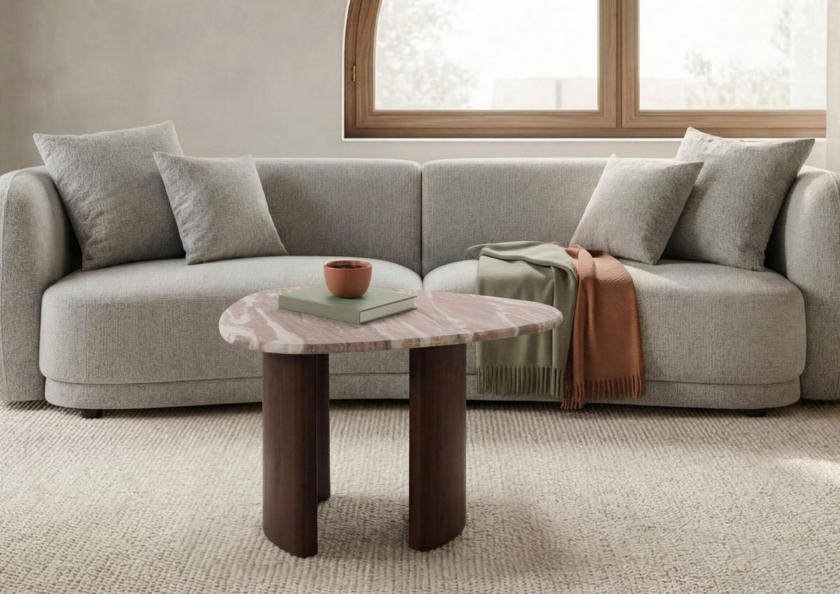 COUCHTISCH Akazie 70x65x35 braun lackiert / Marmor beige ORGANIC COLLECTION #35 - Braun, Holz (65/70/35cm) - Massivmoebel24