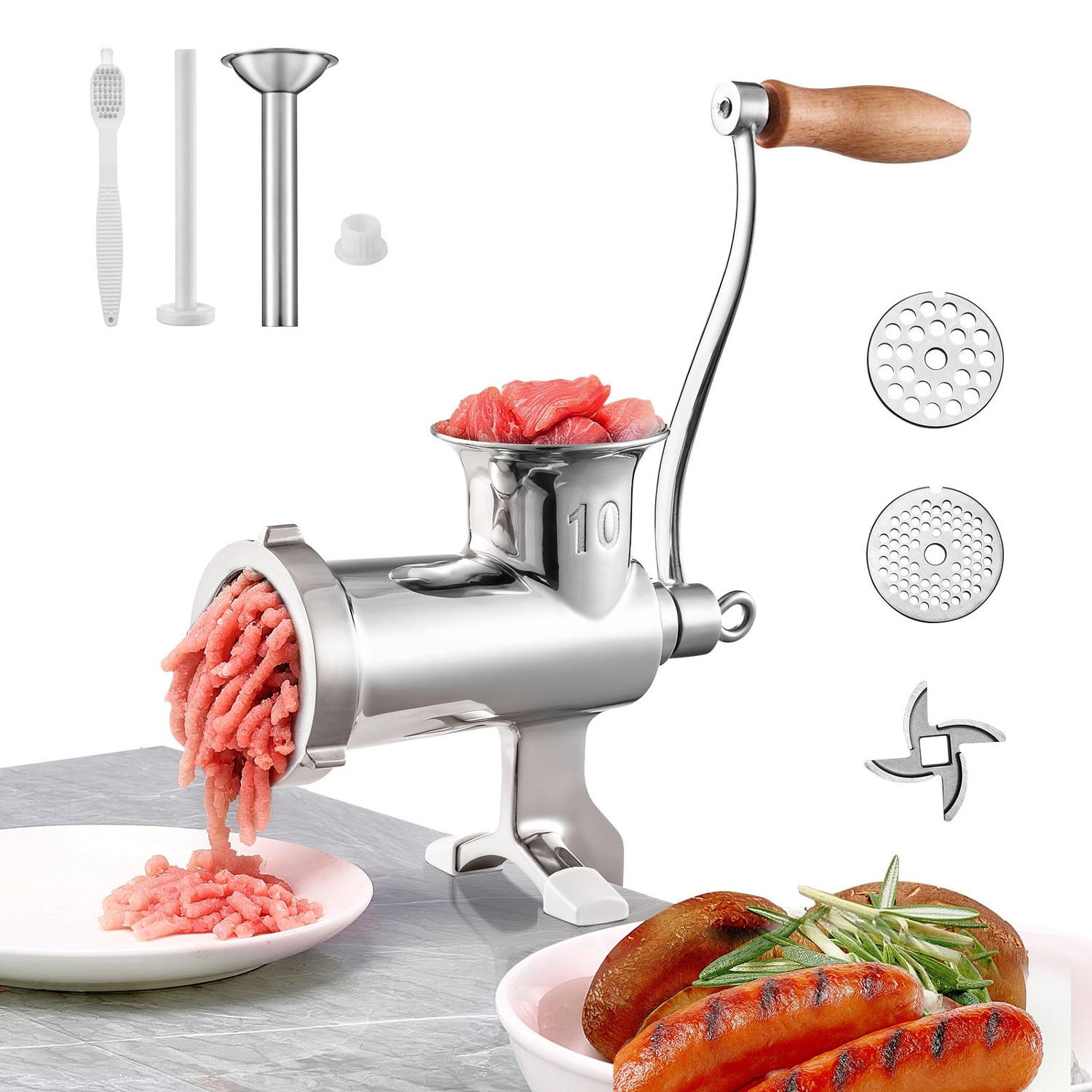 FLEISCHWOLF 5-teiliges Set Manueller Aus 304 Edelstahl, Für Küche Und Camping - Silberfarben, Metall (35/13.1/35.3cm) - Rolipo