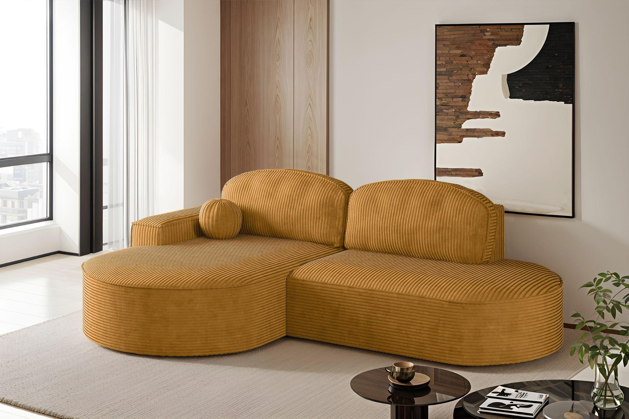 ECKSOFA mit Schlaffunktion und Bettkasten Modena Runden stoff Poso Senffarbe Links - Gelb, Holz/Textil (179/278cm) - Kaiser Möbel