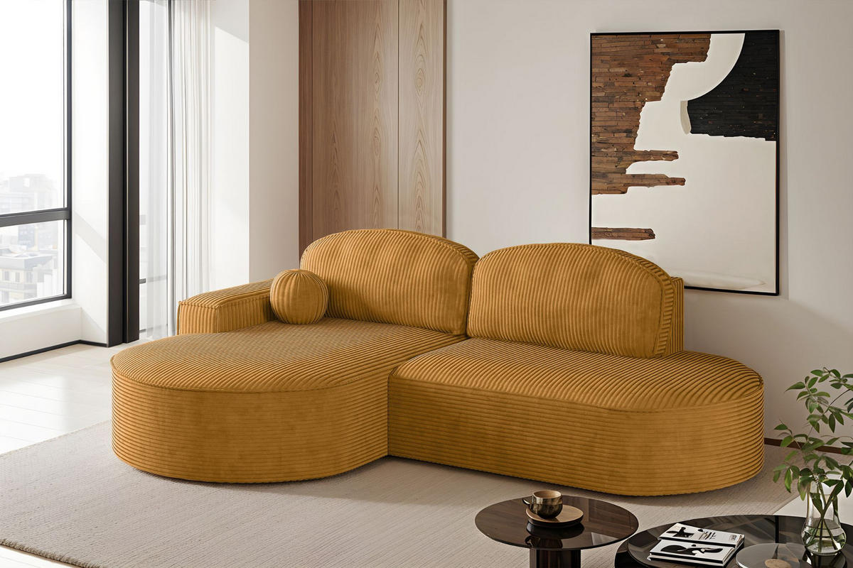 ECKSOFA mit Schlaffunktion und Bettkasten Modena Runden stoff Poso Senffarbe Links - Gelb, Holz/Textil (179/278cm) - Kaiser Möbel