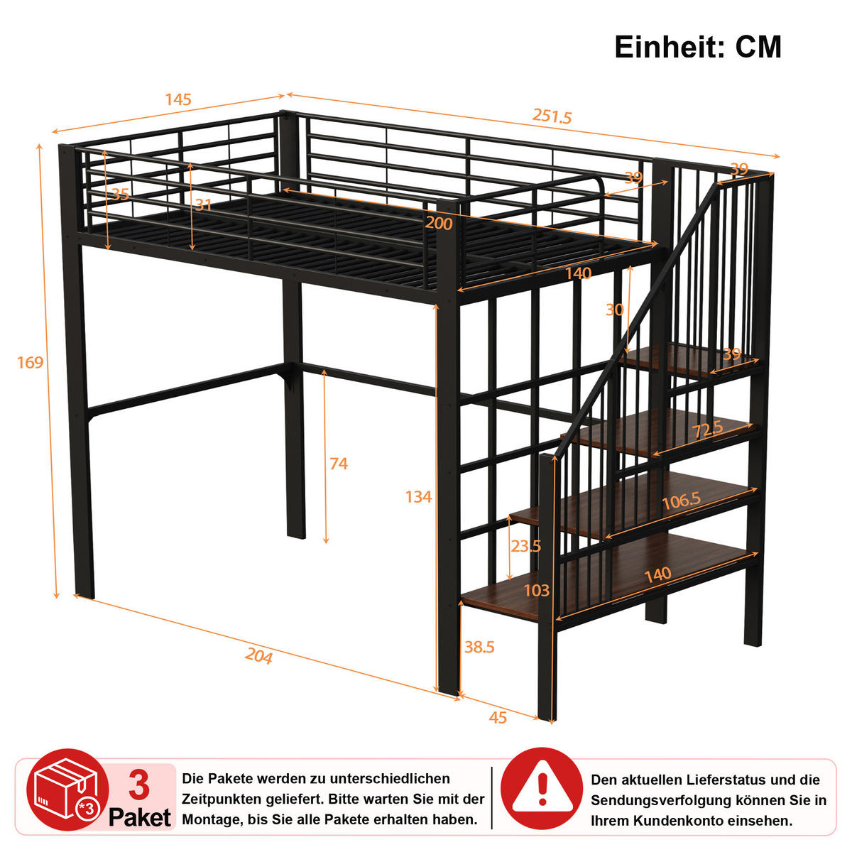 HOCHBETT 140/200 cm in Schwarz mit Treppe und Stauraum - Schwarz, Holzwerkstoff/Metall (140/200cm) - CHICFURN