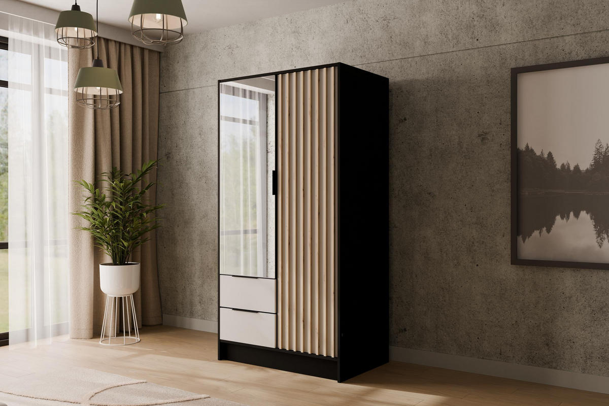 KLEIDERSCHRANK NELIA - 120 cm - Schwarz/Weiß, Holzwerkstoff (102/200/51cm) - ALTDECOR