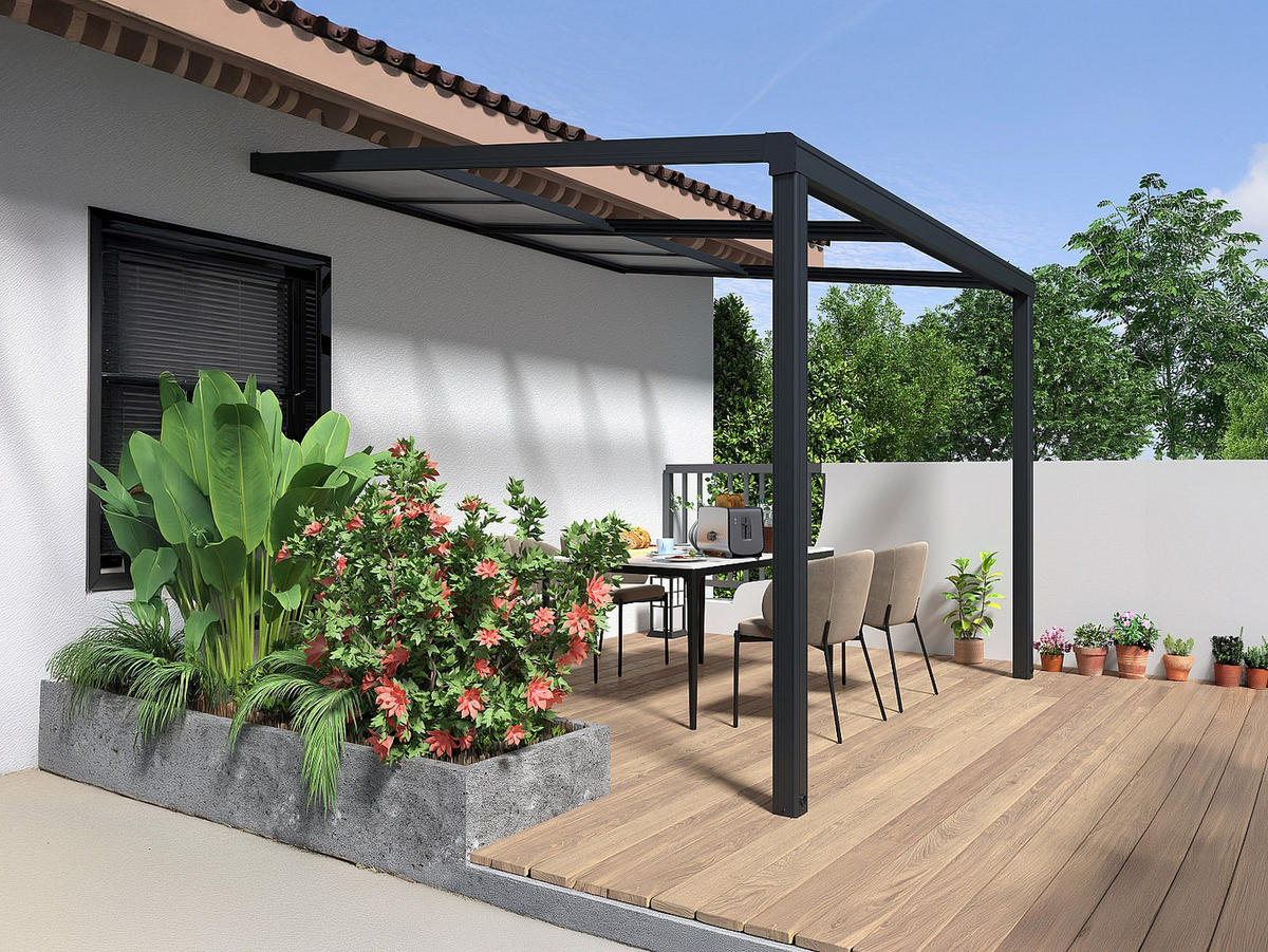 TERRASSENDACH anlehnend aus Aluminium - Mit Schiebedach - 9 m² - Anthrazit - IZEDA - Anthrazit, Kunststoff (300/200/300cm) - Vente-Unique