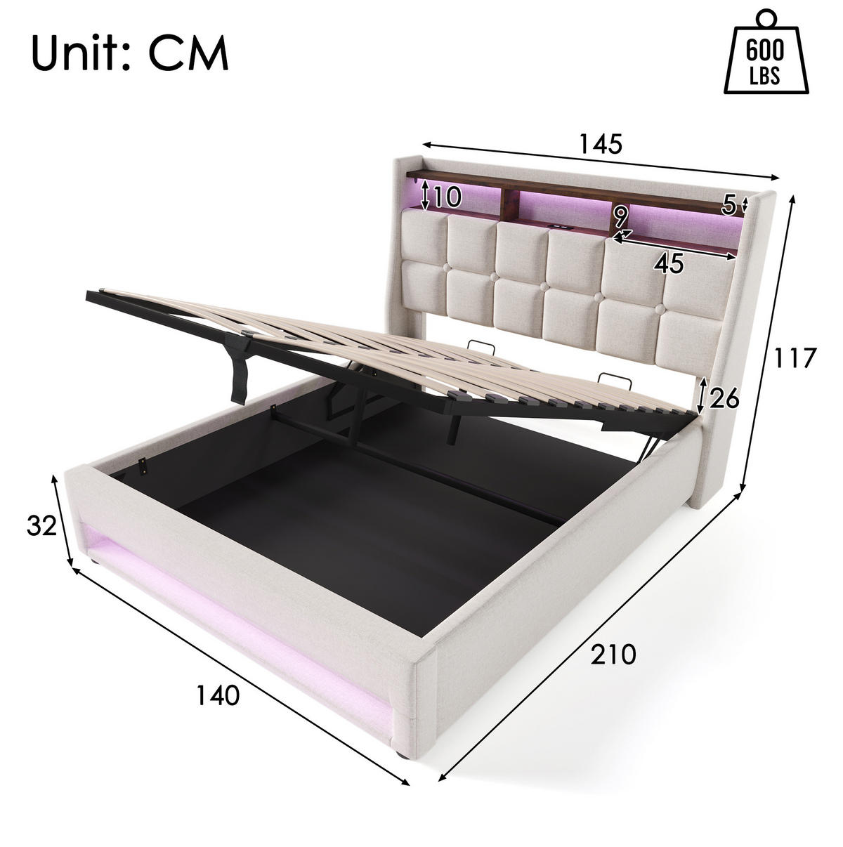 POLSTERBETT 140/200 cm mit LED-Beleuchtung, 2 USB-Anschlüssen, Bettkasten und Matratze, Beige - Beige, Textil (140/140cm) - Redom