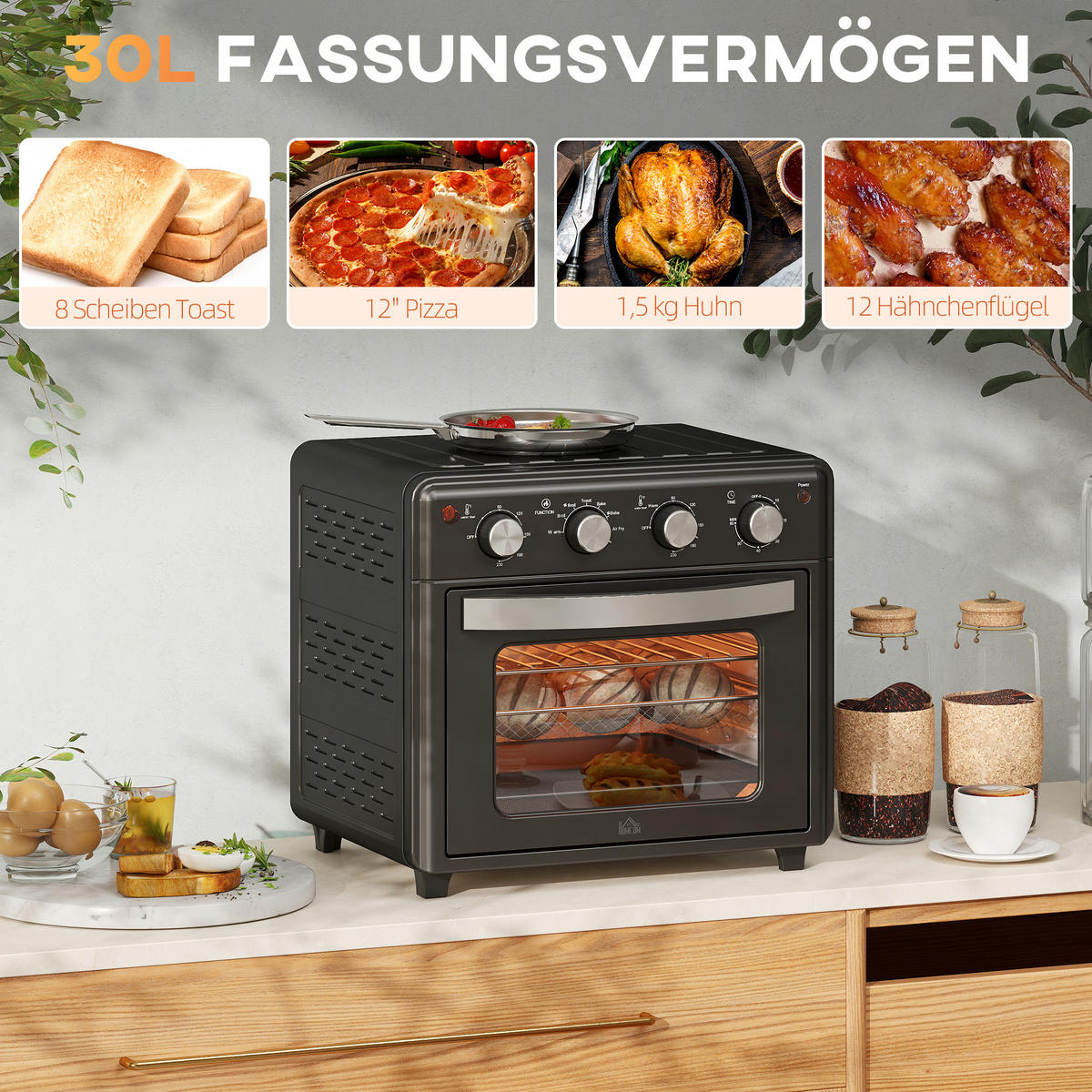 HEISSLUFTFRITTEUSE Stahl gehärtetes Glas Schwarz - Schwarz, Metall (43/39/39cm) - HOMCOM