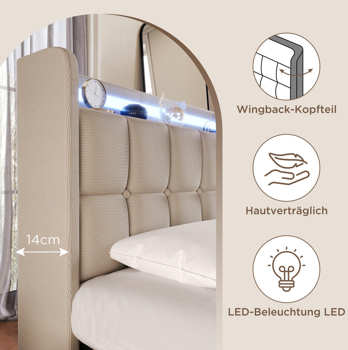 POLSTERBETT 140/200 cm mit LED-Beleuchtung, USB und 4 Schubladen in Beige - Beige, Holz (140/200cm) - BEAOK