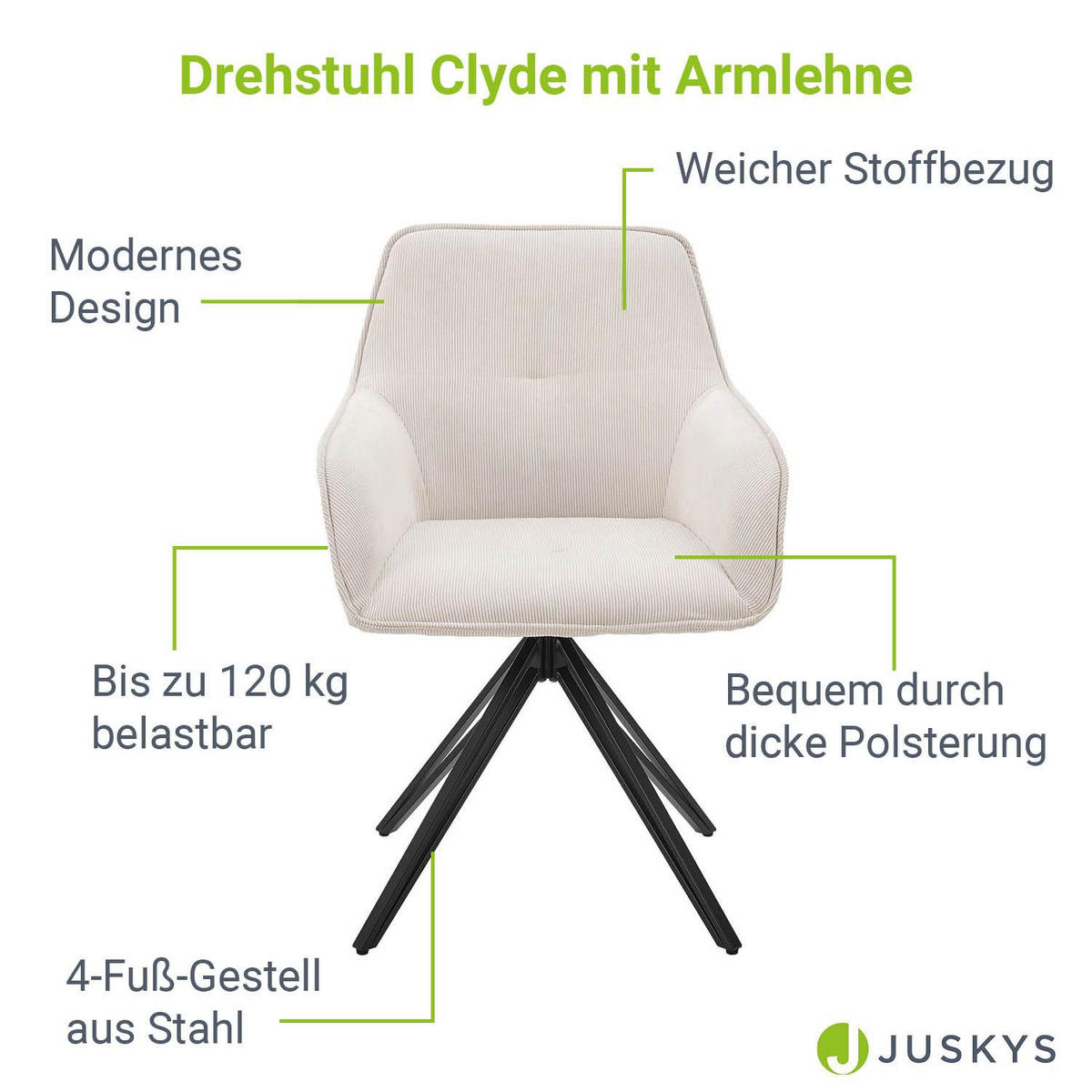 DREHSTUHL Clyde mit Armlehne cord beige (2er-Set) - Beige, Textil (57/85/61cm) - Juskys