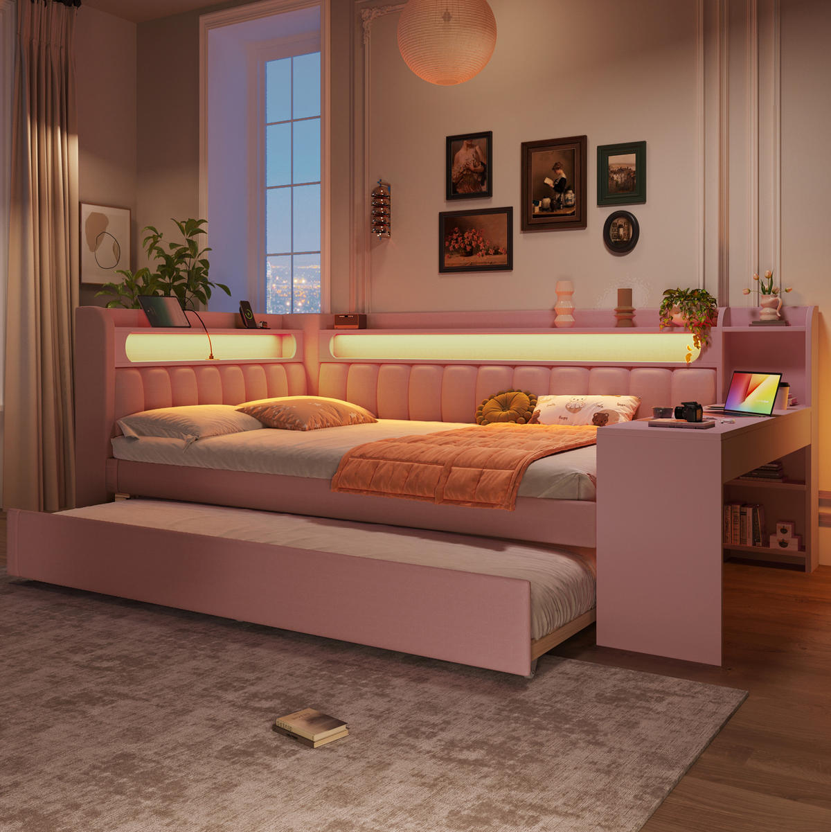 POLSTERBETT 140/200 cm Rosa aus MDF, Sperrholz und Leinen mit Ausziehbett, LED und USB - Rosa, Holzwerkstoff (140/200cm) - OKMYHOME