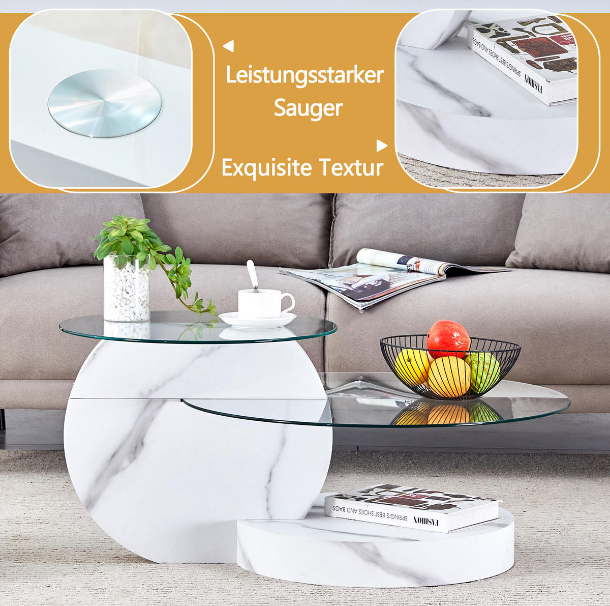 COUCHTISCH 50/70 cm aus Glas und MDF in Weiß mit mehrstufiger Ablage - Weiß, Holzwerkstoff (90/70/44cm) - Flora Grace