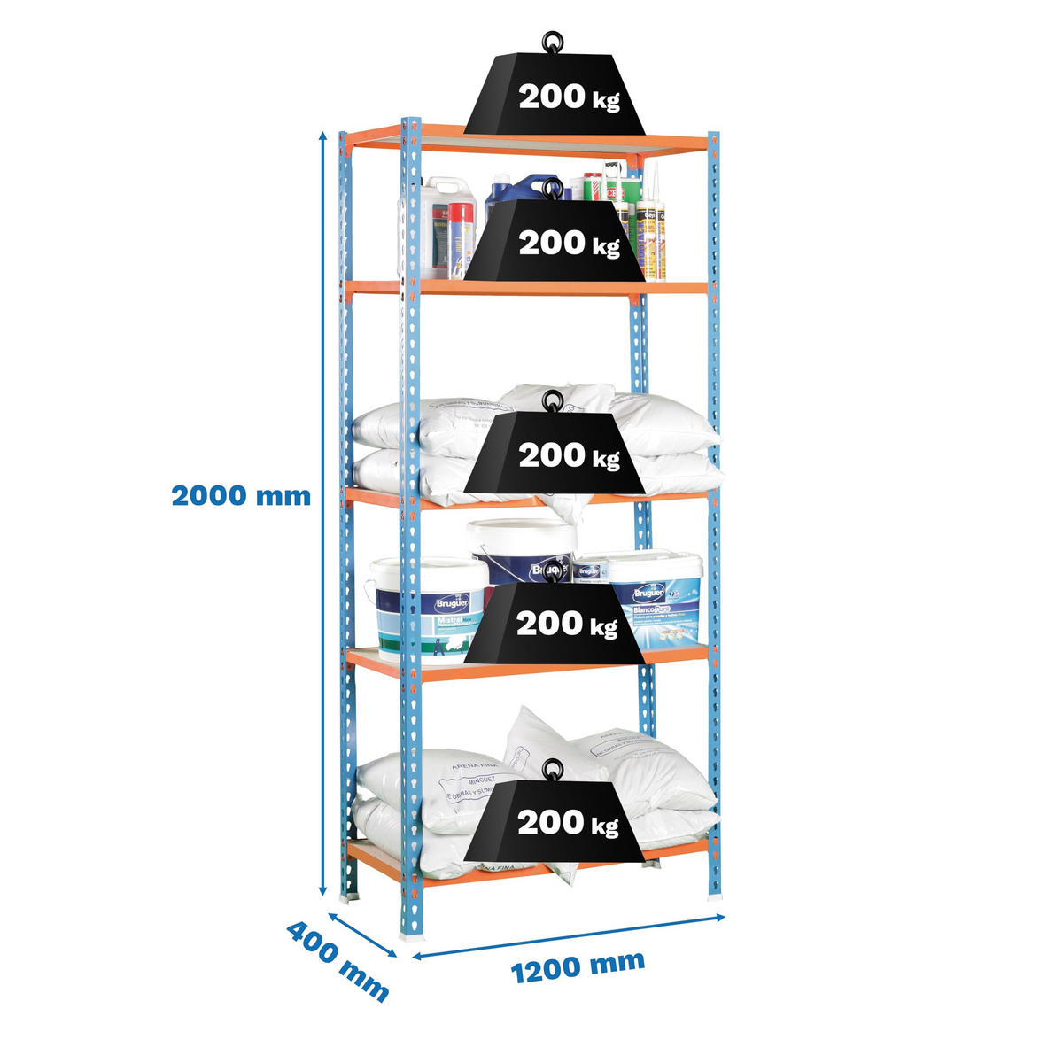 SCHWERLASTREGAL Big Muli HxBxT 200 x 120 x 40 cm 5 Fachböden Fachlast 200 kg Blau-Orange - Gelb, Metall (120/200/40cm) - PROREGAL
