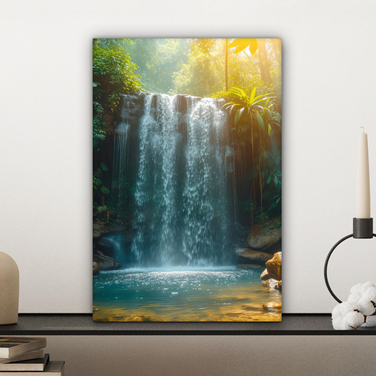 LEINWANDBILD Wasserfall - Dschungel - Sonne - Grün - Natur 20x30 cm - Grün, Textil (20/30cm) - MuchoWow