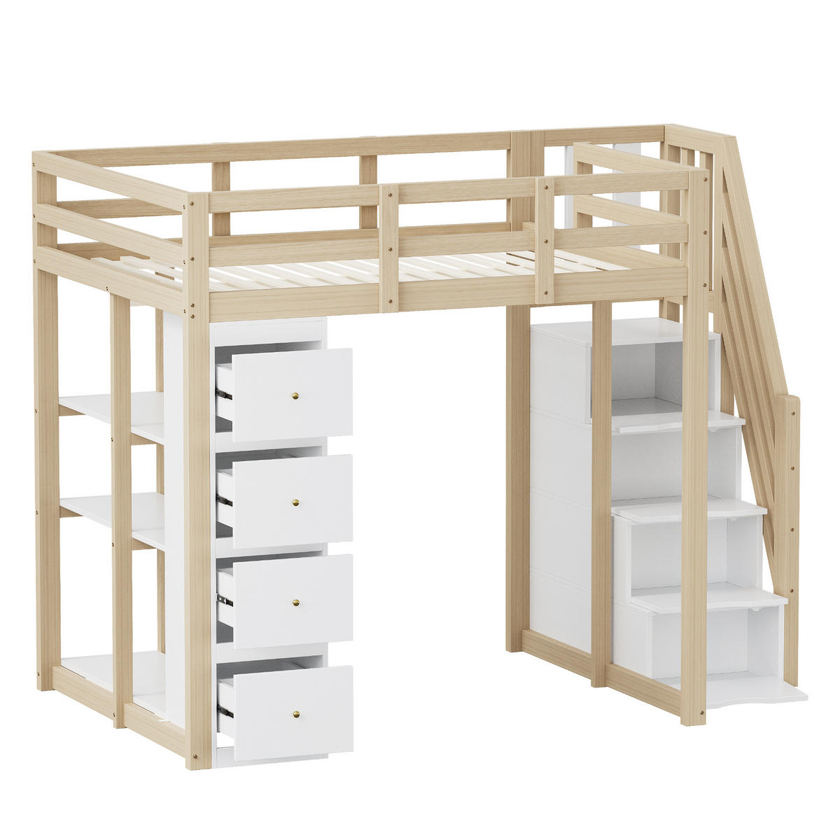 HOCHBETT 140/200 cm mit Aufbewahrungsschubladen und Sicherheitsleiter in Natur und Weiß - Hellbraun/Weiß, Holz (140/200cm) - OKWISH