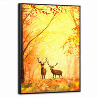 LEINWAND Bilder mit Rahmen - Natur - Ölfarbe - Hirsche - Tiere - Herbst - Orange - 60x80 - Orange, Textil (60/80cm) - MuchoWow
