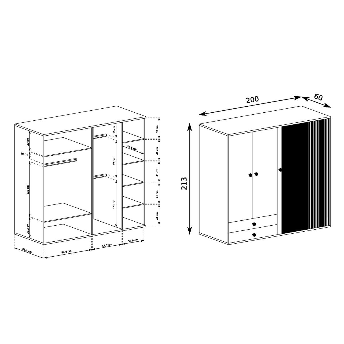 KLEIDERSCHRANK NAKUSP C24 Lamellen Eiche Artisan - Schwarz/Eiche Artisan, Glas/Holzwerkstoff (200/213/60cm) - Komodee