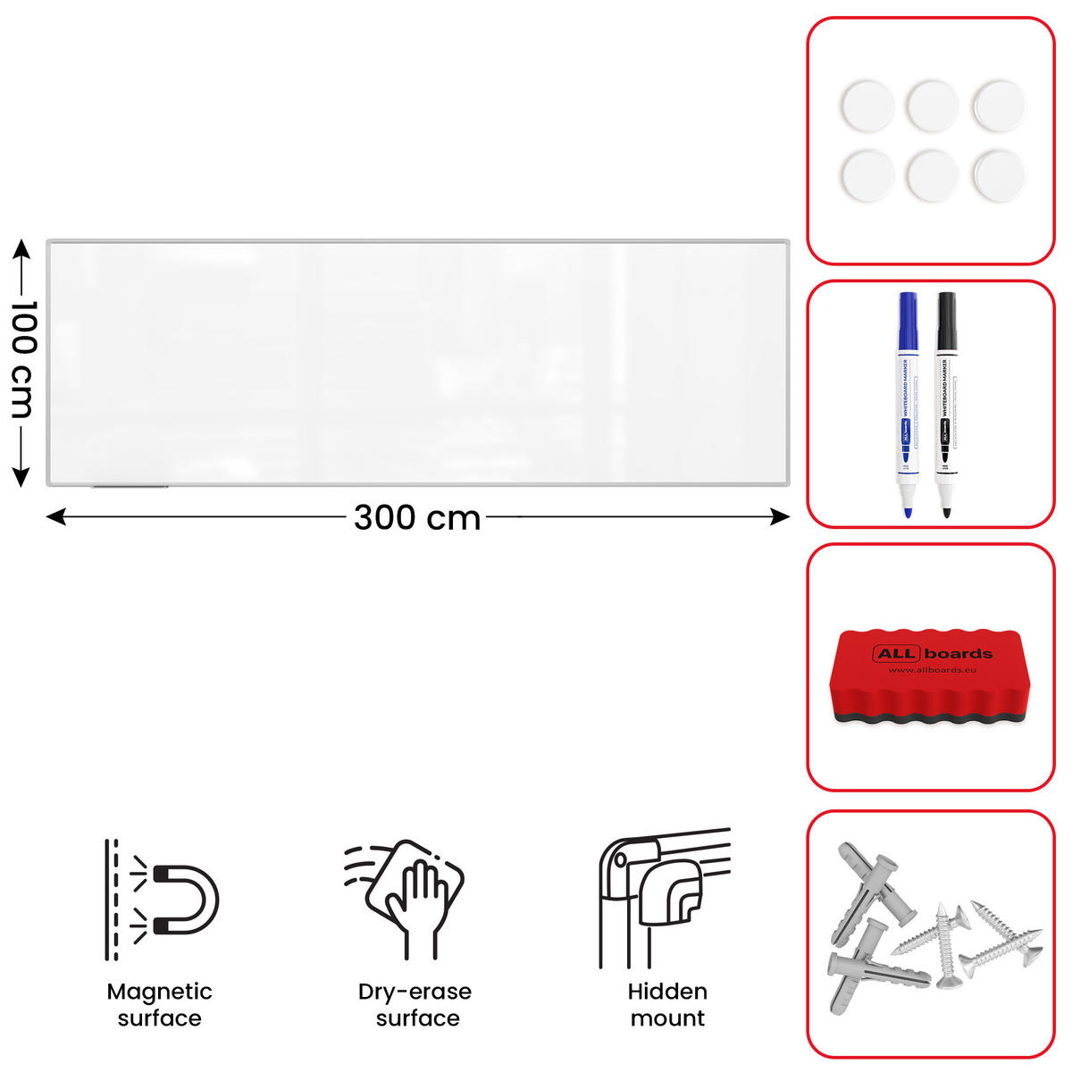 MAGNETISCHES Whiteboard - PREMIUM EXPO Alurahmen 300x100cm - Weiß, Metall (300/100/1.6cm) - ALLboards