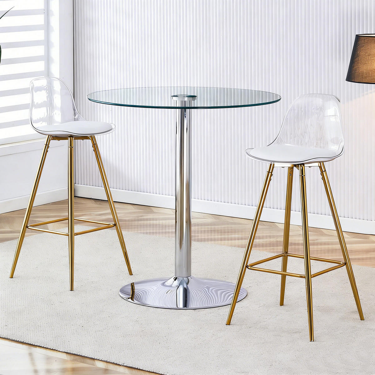 TISCHGRUPPE 3-tlg Glastisch Rund 89cm Barhocker Gold - Transparent, Glas/Metall (41.5/33.5/72cm) - Raelunyi