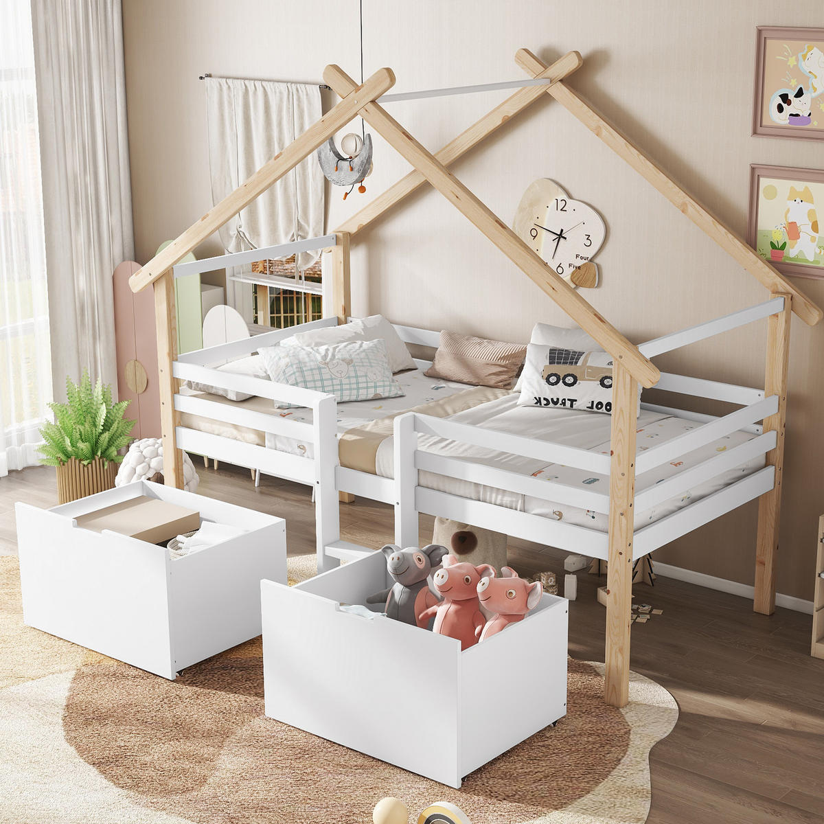 HAUSBETT 90/200 cm in Weiß/Natur mit Treppe und 2 Schließfächern - Weiß, Holzwerkstoff (90/200cm) - Flora Grace