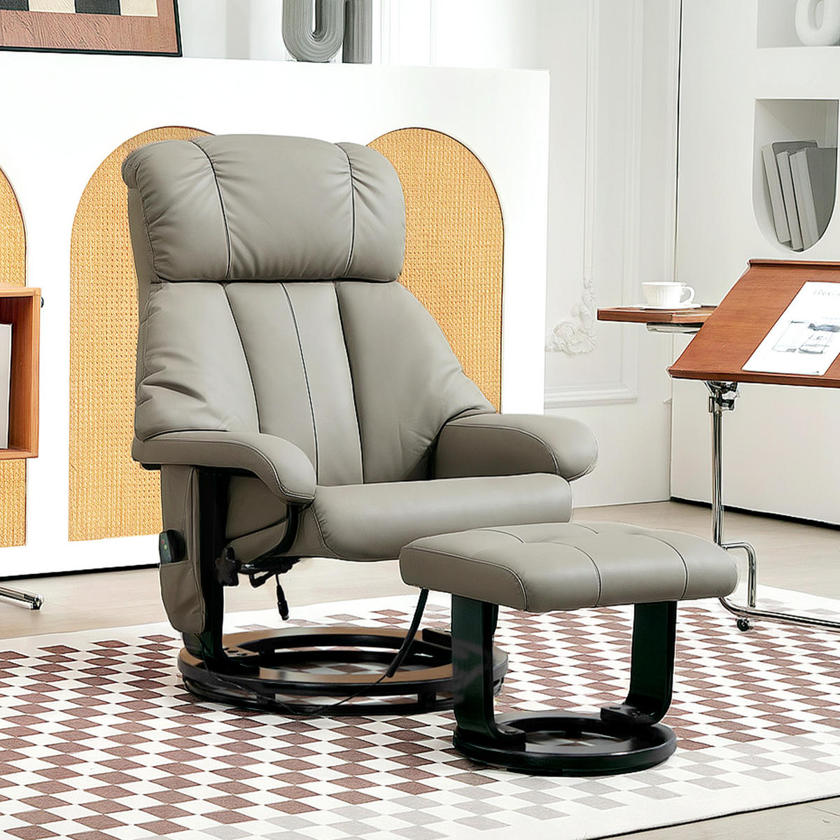 RELAXSESSEL mit Fußhocker, Massagesessel mit Liegefunktion Fernbedienung Grau - Greige/Schwarz, Kunststoff/Metall (80/102/76cm) - HOMCOM