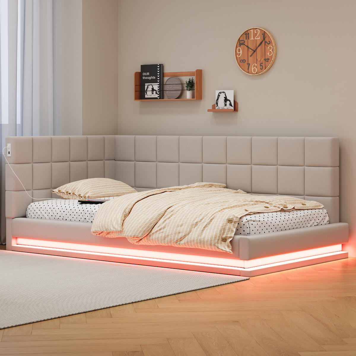 POLSTERBETT 90/200 cm Beige aus Leinen mit LED-Lichtleiste und USB-Steckdose - Beige, Textil (90/200cm) - OKMYHOME