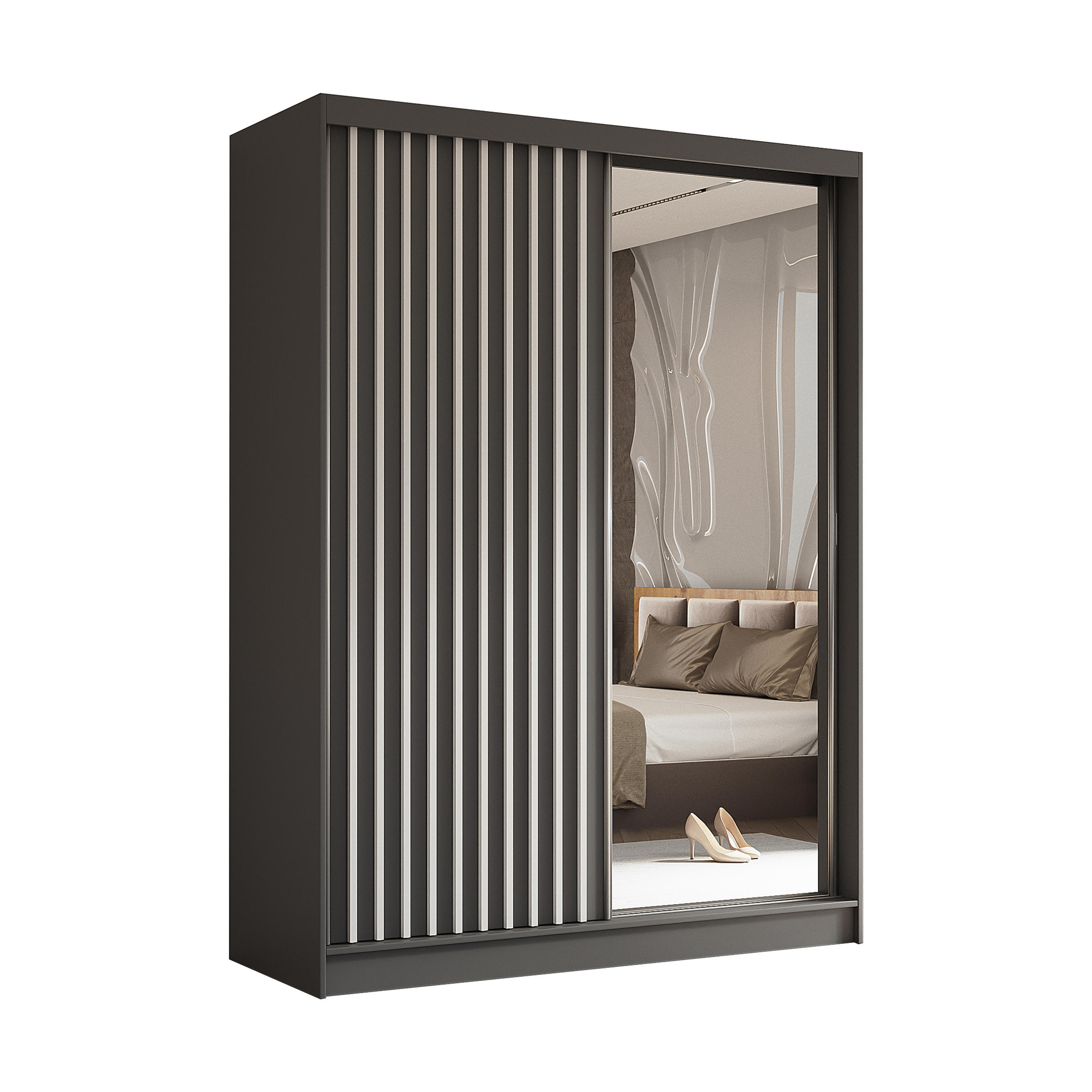 SCHWEBETÜRENSCHRANK LAMELLO 160/216/61 cm 2-türig mit Spiegel Grau - Grau, Holzwerkstoff (160/216/61cm) - MASSENO