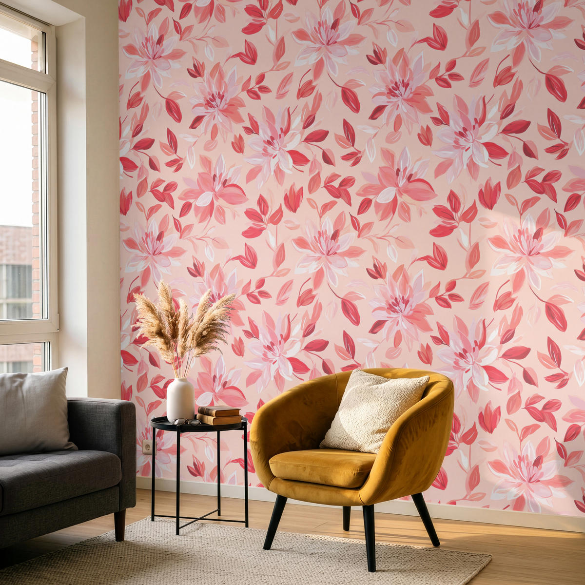 TAPETE - Botanisch - Blumen - Rot - 240x240 cm - Koralle, Papier (240/240cm) - OnlyWow