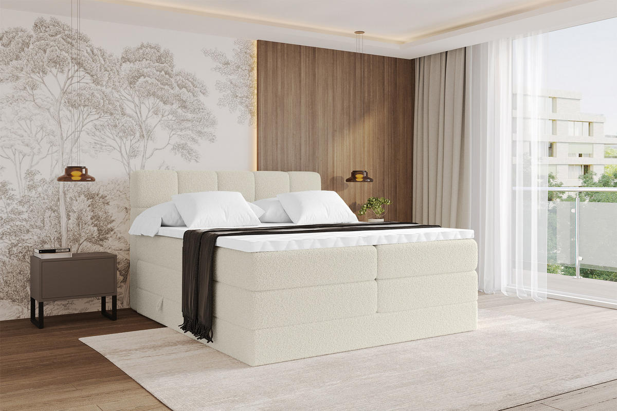 BOXBETT mit Matratze H3/H4 - FAMA KING - 120x200 cm Beige Quelle - Sandfarben, Holzwerkstoff (120/200cm) - ALTDECOR