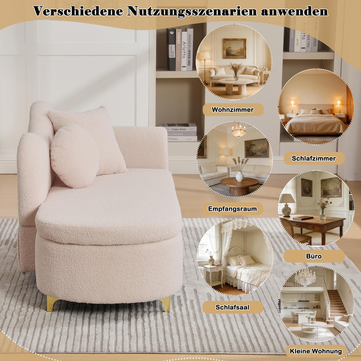 CHAISELONGUE 134 cm mit Stauraum, modernes Design, Teddyplüsch, wellenförmige Rückenlehne, inkl. Lenden- & Nackenkissen - Hellrosa, Textil (64/70/134cm) - Ej. Life