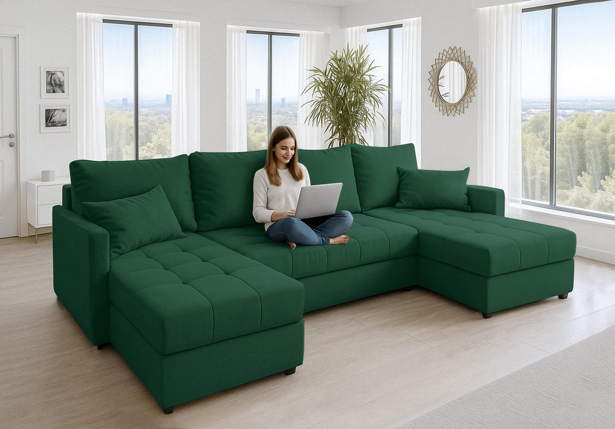 WOHNLANDSCHAFT Dolceo Dunkelgrün 287/140/73 cm mit Schlaffunktion Bettkasten Design - Dunkelgrün/Schwarz, Kunststoff/Textil (287/73/140cm) - AX Living