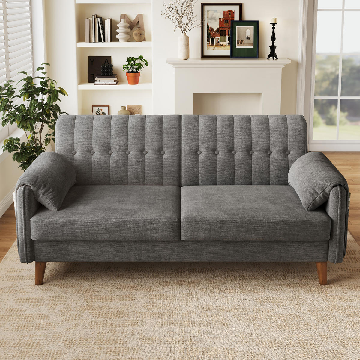 SOFA 161,5/79/83,5 cm in Hellgrau mit Chenillebezug und Seitentaschen - Hellgrau, Textil (79/83.5/161.5cm) - Flora Grace