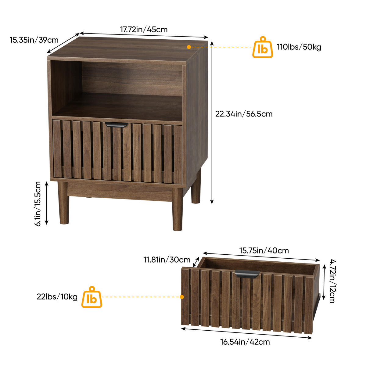 NACHTTISCH aus MDF 45x39x56,5 cm Walnussfarben mit Schublade, offener Ablage und Metallgriff - Walnussfarben, Holzwerkstoff (45/56/39cm) - Modfu