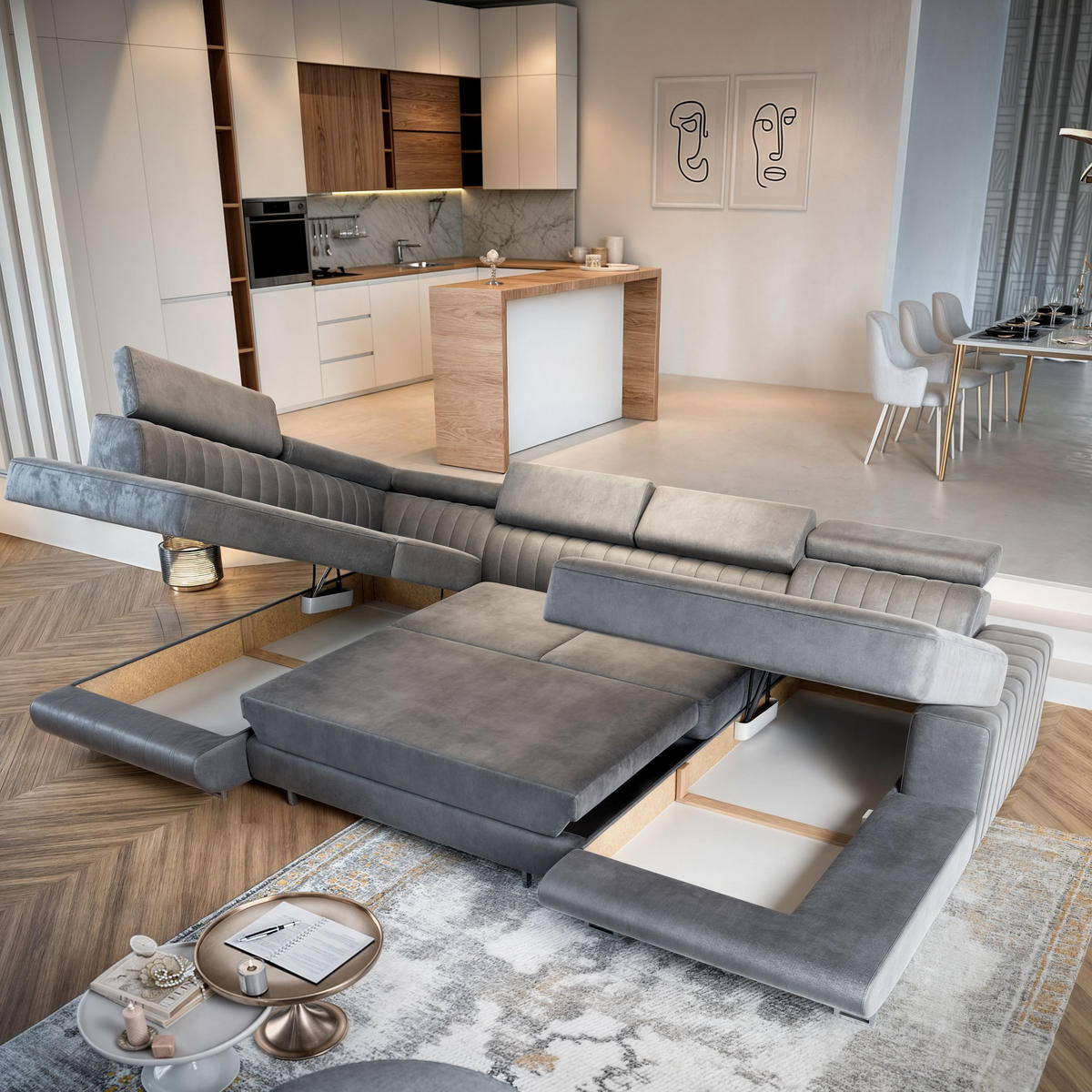 WOHNLANDSCHAFT SIENA L-S Braun Velours-Stoff mit Schlaffunktion - Braun, Holz (335/89/190cm) - MASSENO