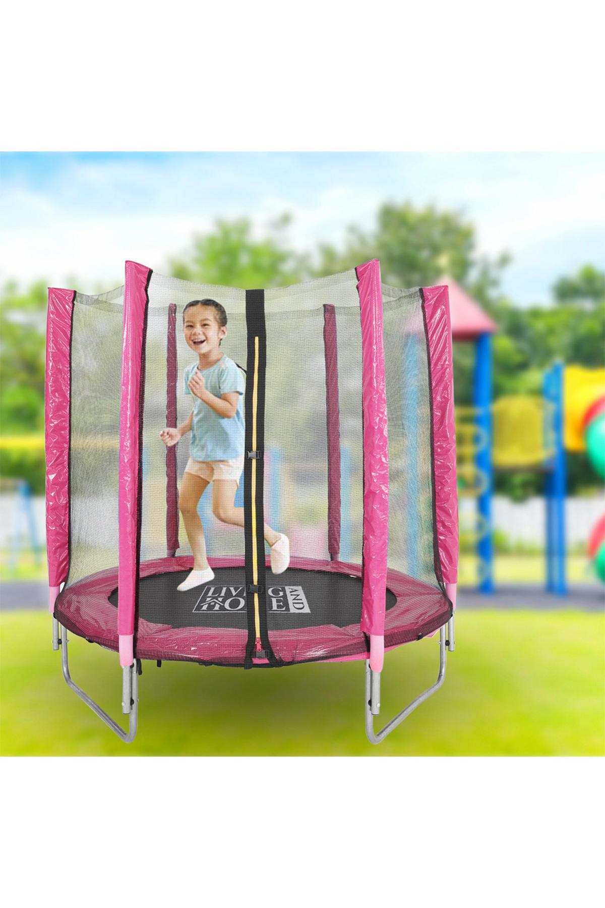 TRAMPOLIN aus Stahl, PP, EPE, Federn in Rosa + Schwarz mit Sicherheitsnetz für Kinder 150 cm Durchmesser x 160 cm Höhe - Pink, Metall (150/150/160cm) - Livingandhome