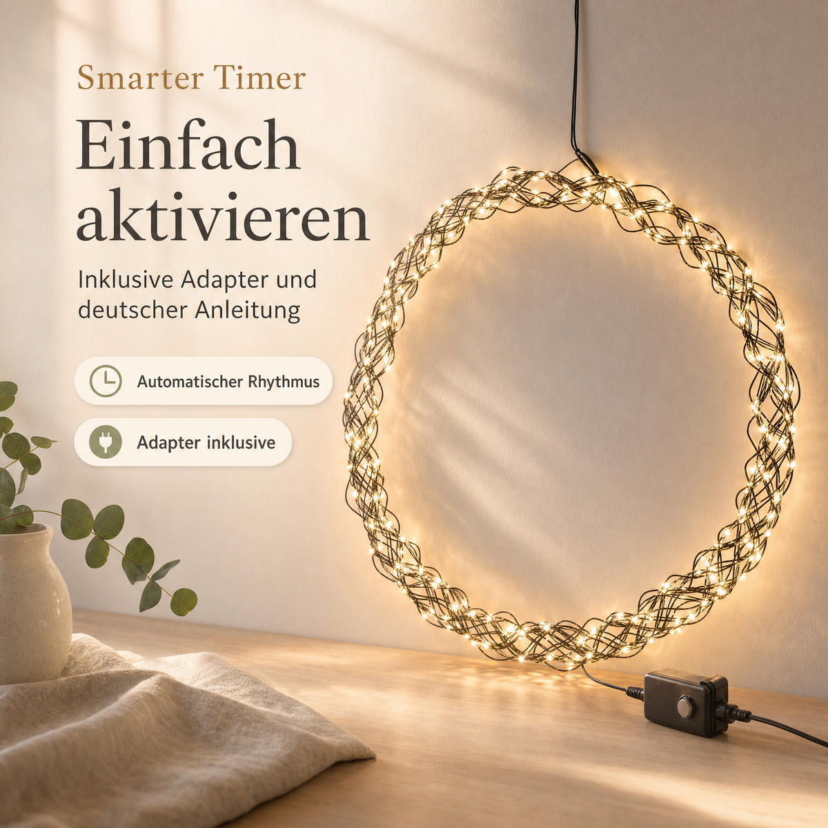 XXL-LED-LICHTKRANZ - 1000 Micro LEDs warmweiß mit Timerfunktion und IP44 für Innen- und Außenbereich, 50 cm - Schwarz, Metall (50/5/50cm) - Northpoint