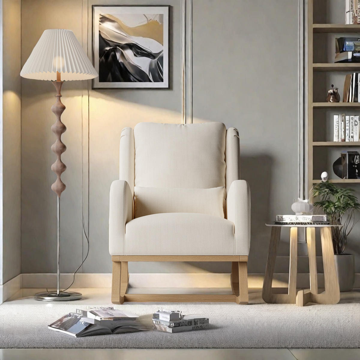 SCHAUKELSTUHL beige leinen-baumwolle seitentaschen gepolstert - Beige, Holzwerkstoff (68/96/93cm) - SHOPENTRA