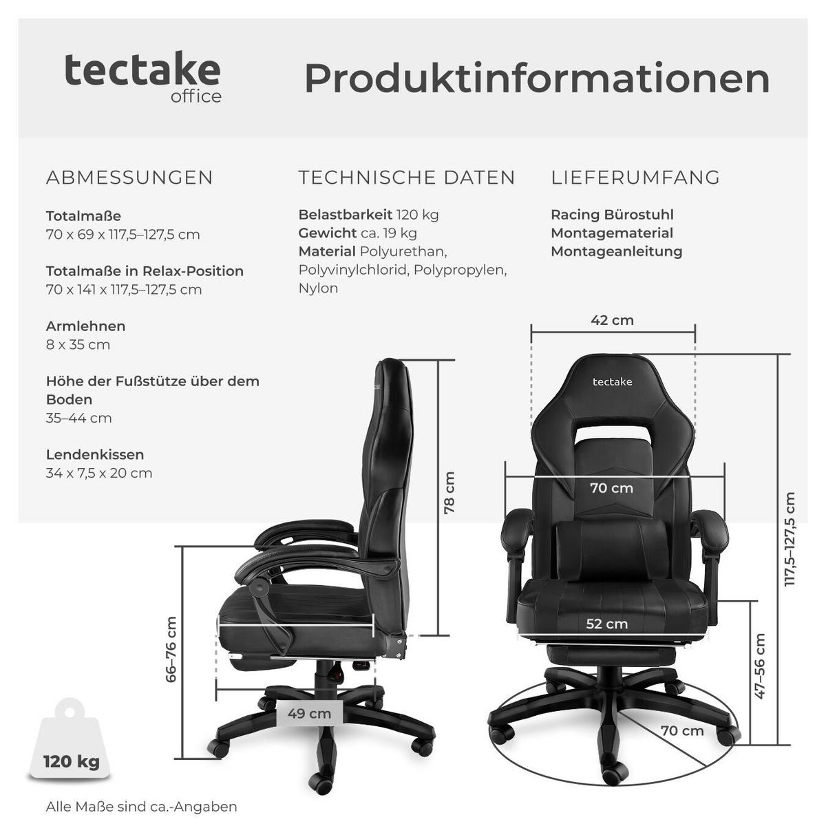RACING BÜROSTUHL Comodo,inklusive Lendenkissen, Belastbarkeit 120 kg,schwarz/schwarz - Schwarz, Textil (70/127.5/69cm) - tectake