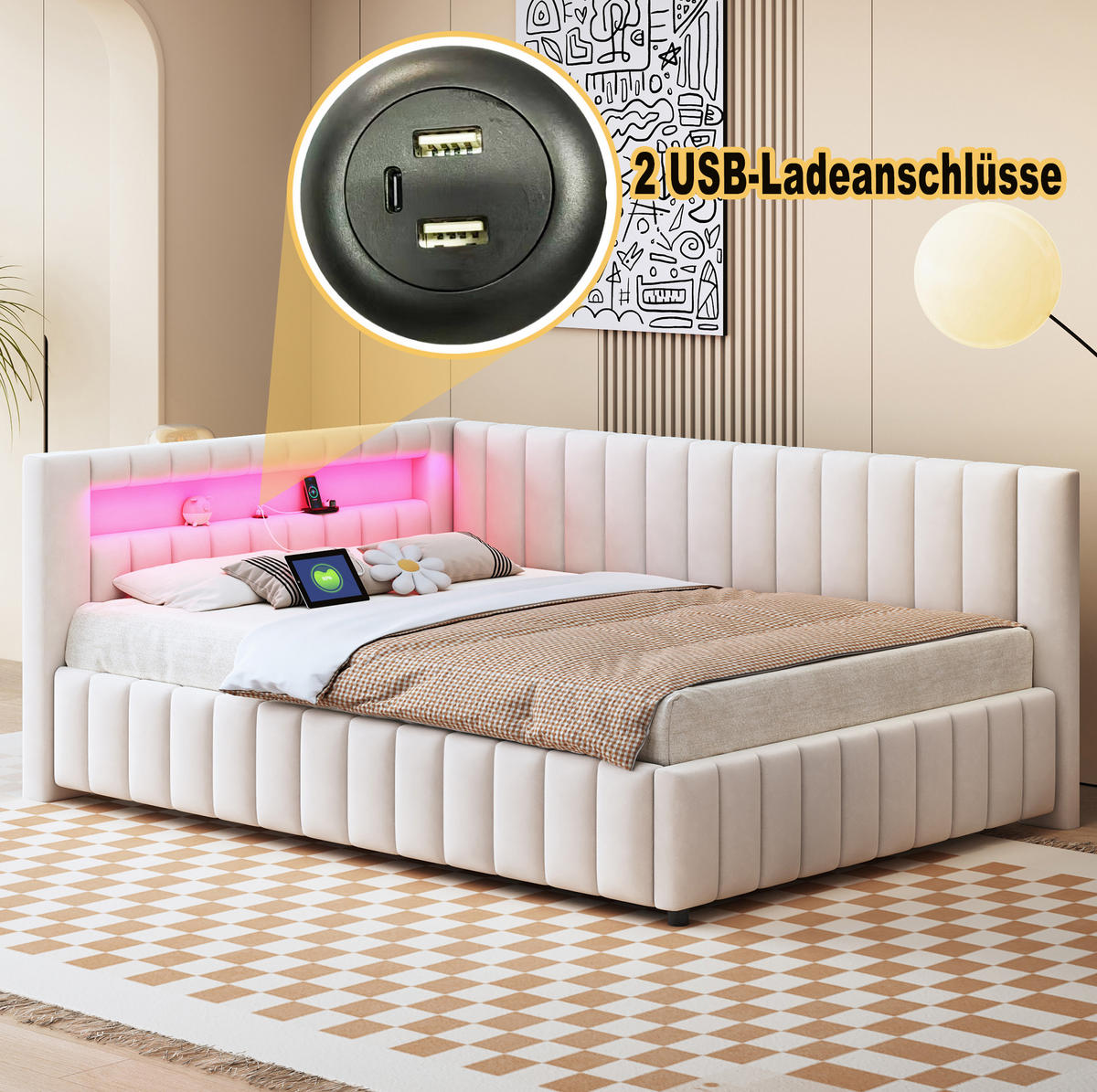 ČALÚNENÁ posteľ zo zamatu 140x200 cm béžová s LED osvetlením, USB portom a L-kovým dizajnom - béžová, textil (140/200cm) - Modfu