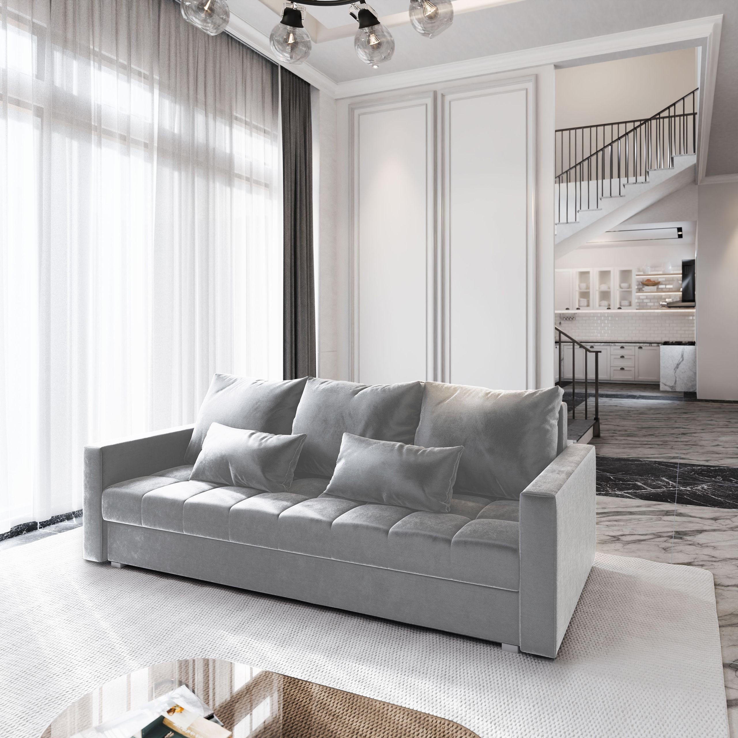 BETTSOFA SIRO Hellgrau Plüsch-Stoff mit Schlaffunktion - Hellgrau, Textil (222/83/86cm) - MASSENO