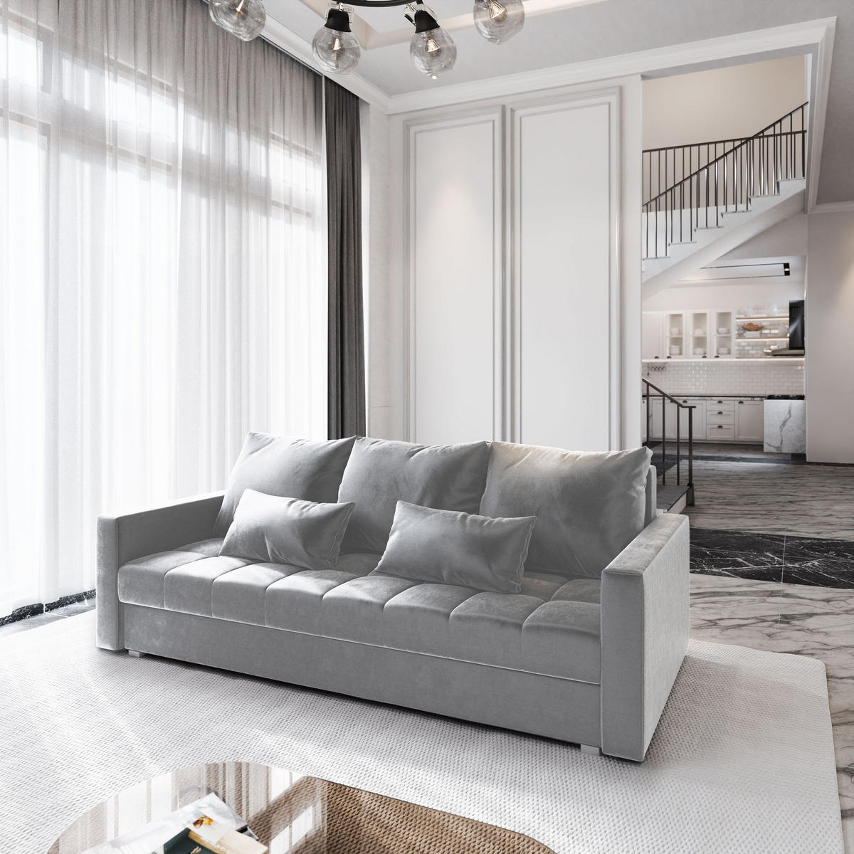 BETTSOFA SIRO Hellgrau Plüsch-Stoff mit Schlaffunktion - Hellgrau, Textil (222/83/86cm) - MASSENO