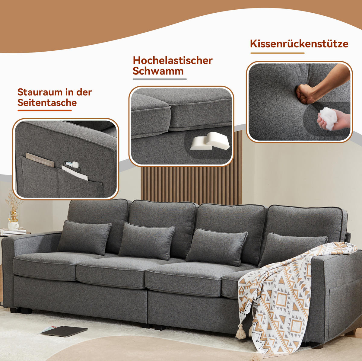 4-SITZER Sofa Leinenstoff mit Armlehnentaschen und 4 Kissen 264/83/87 cm Dunkelgrau - Dunkelgrau, Textil (87/264/83cm) - Redom